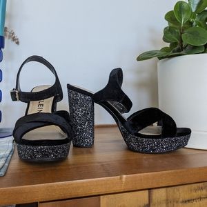 Anne Klein Lalima Platform Sandal, black velvet & glitter, size 8.5